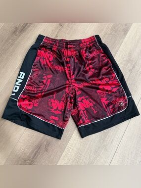AND1 Mens Large Basketball Shorts Red Black Graffiti Print Athletic Mesh Sports